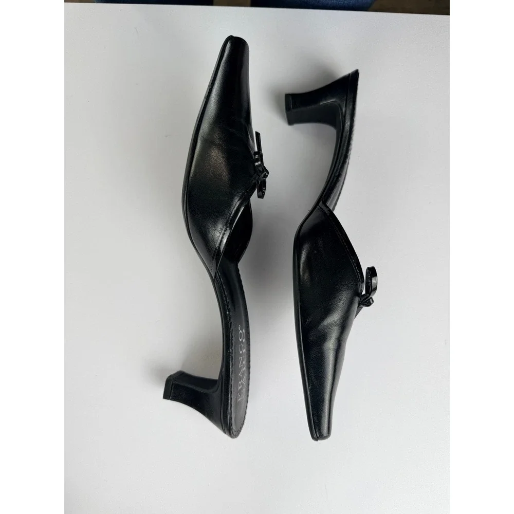 Franco Sarto Black Leather Bow Square Toe Mule Heels Size 8.5M Y2K Balletcore